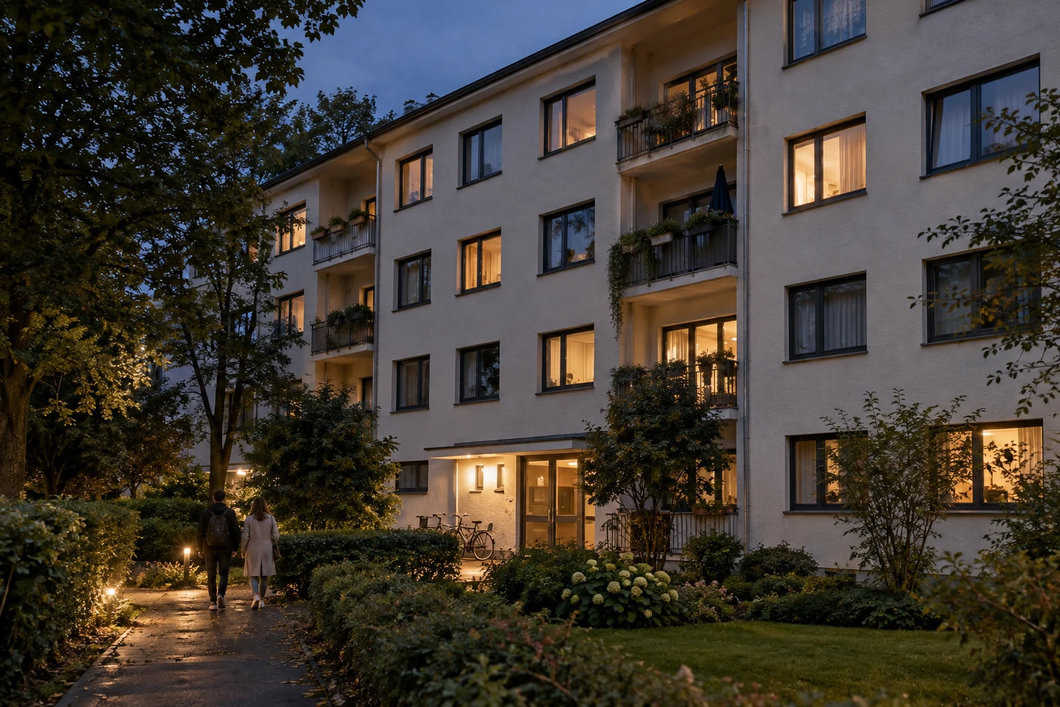 Bewohntes Mehrfamilienhaus mit begrüntem Vorgarten und warm beleuchteten Fenstern